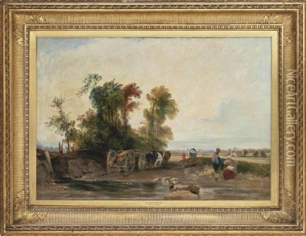 A River Landscape With A Timber Wagon, Figures Resting In The Foreground Oil Painting - Richard Parkes Bonington