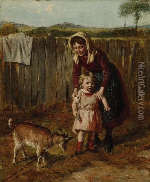 Mother And Child With Young Goat Oil Painting - William Hemsley