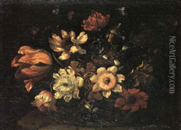 Still Life With Tulips, Anemones, Roses. . .in A Wicker Basket Oil Painting - Mario Nuzzi