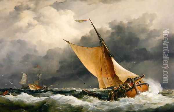 Dutch cargo boats in rough sea Oil Painting - Edward William Cooke