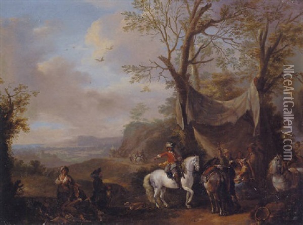 An Extensive Landscape With A Hunting Party Taking Refreshment Under An Awning Oil Painting - Carel van Falens