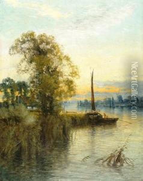 A Continental River Landscape At Sunset Oil Painting - Harry Pennell