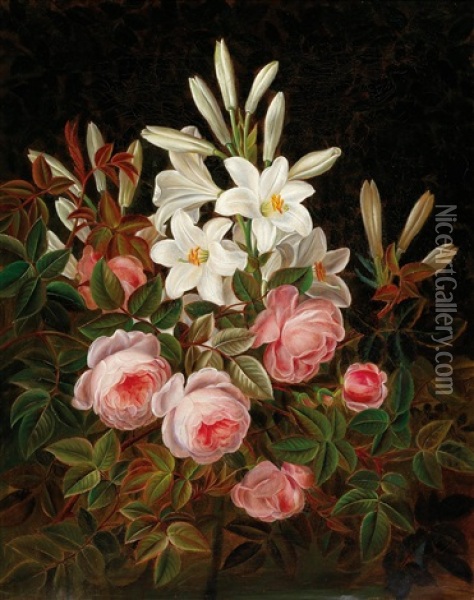 Roses And Lilies Oil Painting - Johan Laurentz Jensen