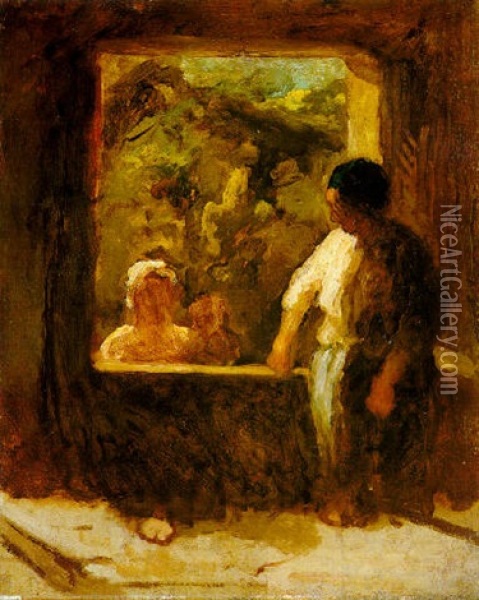 Femme Et Enfant Pres De La Fenetre Oil Painting - Honore Daumier