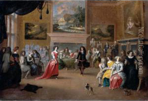 An Interior With An Elegant Company Dancing And Playing Cards Oil Painting - Hieronymus Janssens