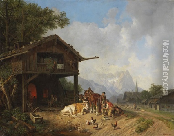 Beim Hufschmied Im Gebirge Oil Painting - Heinrich Buerkel