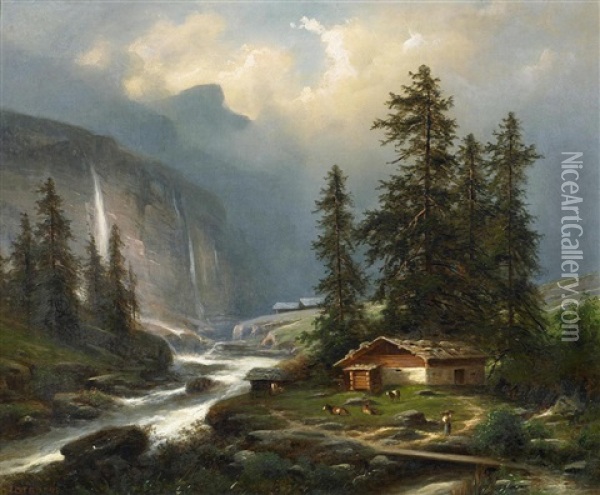 Der Staubach Im Lauterbrunnental Im Berner Oberland Oil Painting - Joseph Bernardi