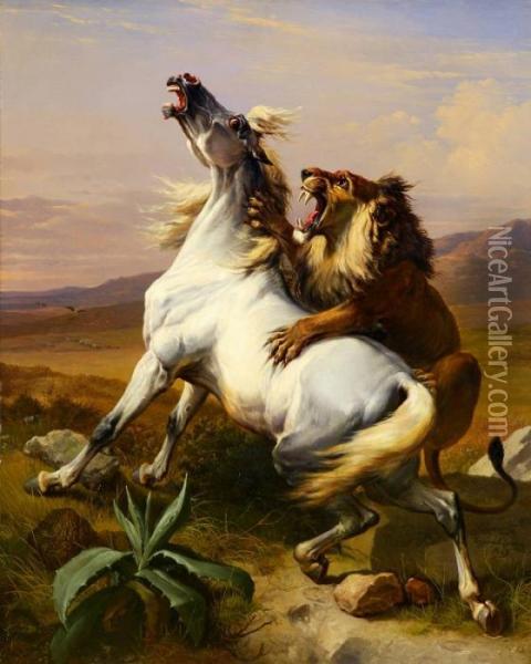 The Lion Attack Oil Painting - Eugene Joseph Verboeckhoven