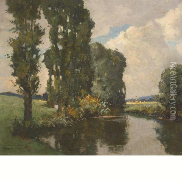 River Landscape With A Village In The Distance Oil Painting - Franz Frankl