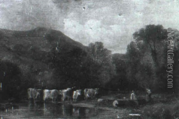 Cattle By A Stream Oil Painting - George Shalders