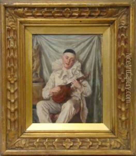 Portrait Of Pierrot The Clown Playing A Lute Oil Painting - Talbot Hughes