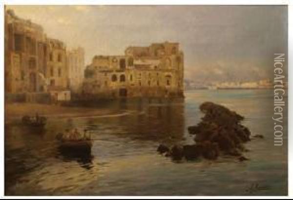 Paesaggio Marino Con Veduta Di Napoli E Pescatori Oil Painting - Andrea Landini