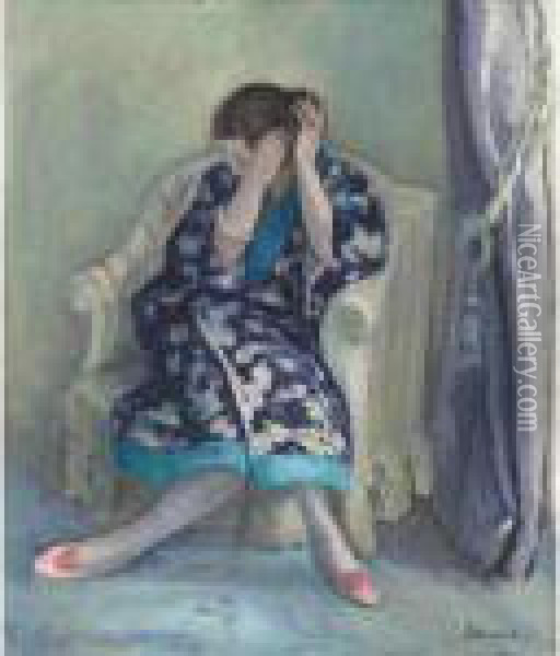 Femme A Sa Coiffure Assise Dans Un Fauteuil Oil Painting - Henri Lebasque