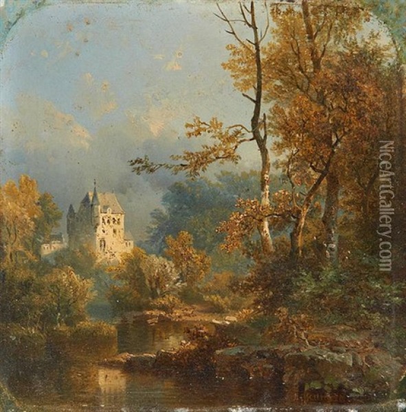 Le Chateau Au Bord De La Riviere Oil Painting - Pieter Lodewijk Kuhnen
