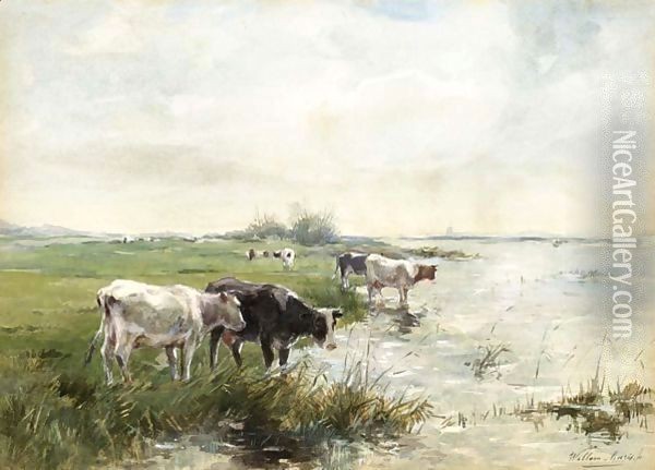 Watering Cows In A Polder Landscape 2 Oil Painting - Willem Maris