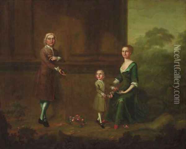 Portrait of a gentleman with his wife and child Oil Painting - Charles Phillips