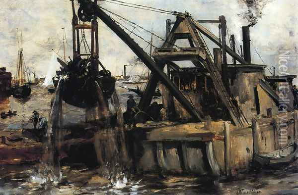 Dredging In The East River Oil Painting - John Henry Twachtman