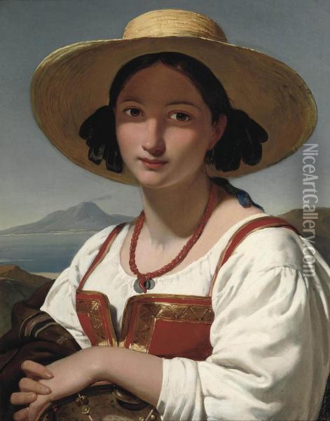 Portrait Of A Neapolitan Girl, With The Vesuvius In The Distance Oil Painting - Frederik Marianus Kruseman
