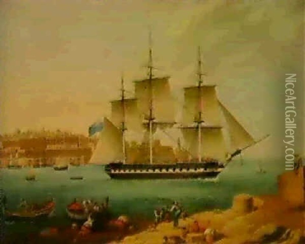 H.m.s. Seringapatam At Anchor In Valetta Harbour, Malta Oil Painting - Anton Schranz