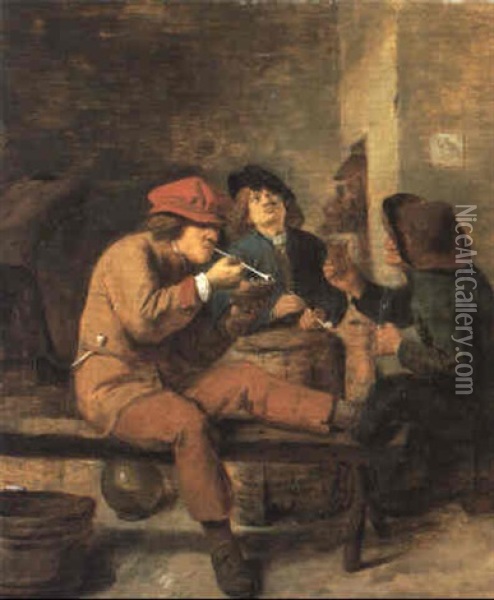 Peasants Smoking And Drinking In A Tavern Oil Painting - Adriaen Brouwer