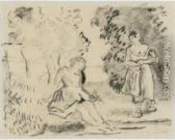 Two Peasant Women By A Stream Oil Painting - Camille Pissarro