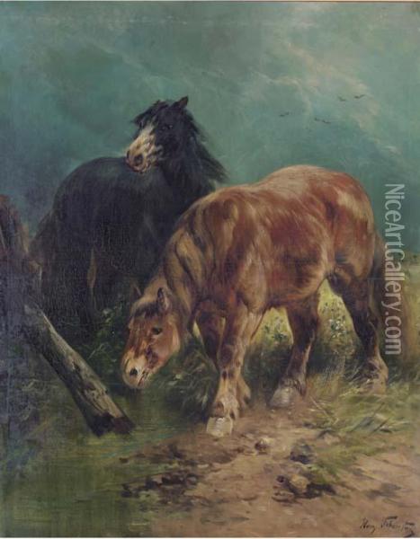 Horses In A Meadow Oil Painting - Henry Schouten