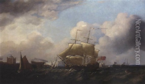 A British Man-o'war Passing Sheerness, With A Large Warship On The Stocks In The Dockyard And Two Vessels Laid Up Offshore Oil Painting - John Cleveley