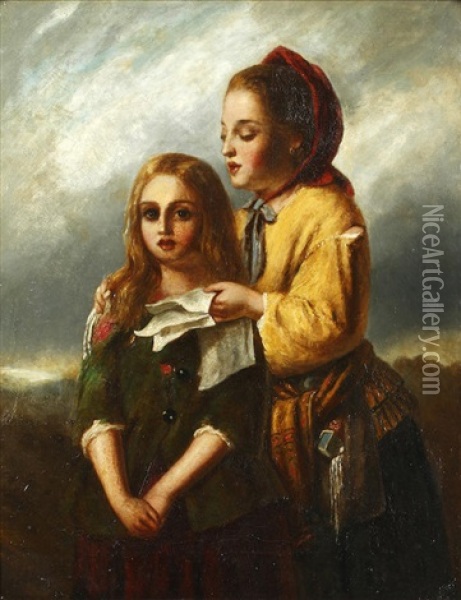 Two Young Girls Oil Painting - Edward John Cobbett