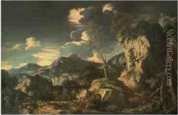 A Mountainous Rocky Landscape With The Flight Into Egypt Oil Painting - Augusto Rosa