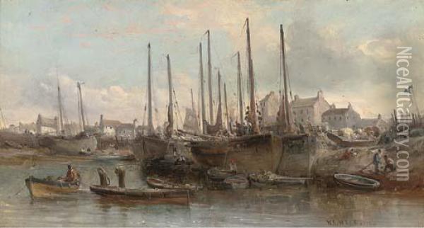 Fishing Boats In The Harbour At Peel Oil Painting - William Edward Webb