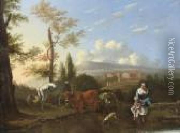 A Mountainous Landscape With A 
Woman And Child By A River, With A Donkey And Cart, A Town Beyond Oil Painting - Karel Dujardin