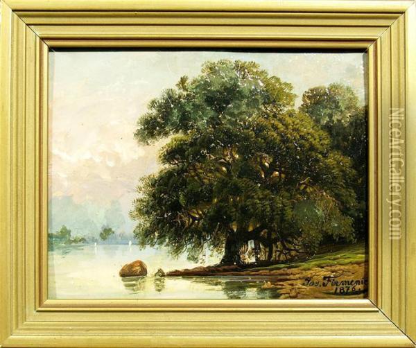 Baumbestandenes Flussufer In Der Abendrote Oil Painting - Joseph Firmenich