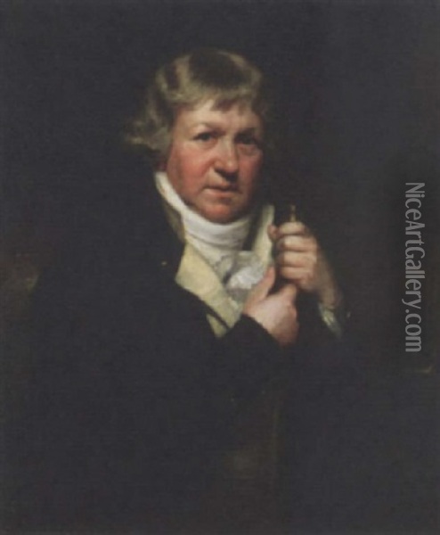 Portrait Of A Gentleman In A White Waistcoat And Black Coat, Holding A Walking Stick Oil Painting - Sir William Beechey