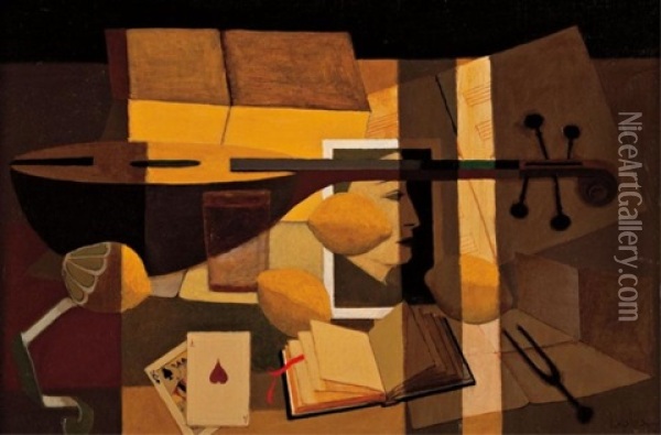 Mandolin, Lemon & Cards Oil Painting - Pierre Lefebvre