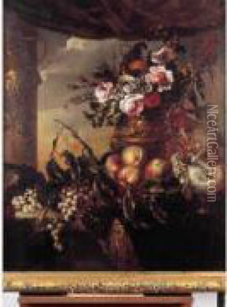 Vase De Fleurs, Fruits Et Coquillages Sur Un Entablement Oil Painting - Pierre-Nicolas Huillot