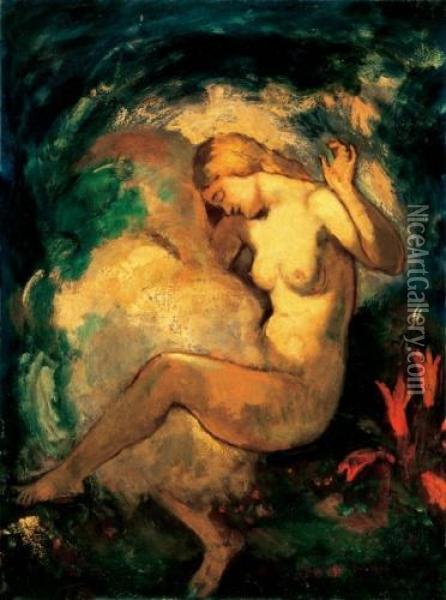 Nude With Red Lillies Oil Painting - Bela Ivanyi Grunwald