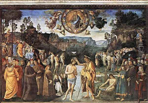 Baptism of Christ c. 1482 Oil Painting - Pietro Vannucci Perugino