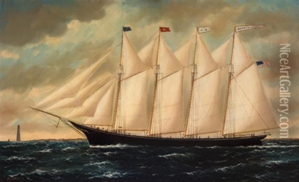 The Four-masted Schooner Andrew Adams Sailing Past A Lighthouse Oil Painting - William Pierce Stubbs