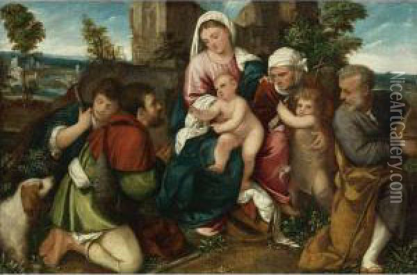 Holy Family With Saint Elizabeth, The Infant St. John, And Twoshepherds Oil Painting - Bonifacio Veronese (Pitati)
