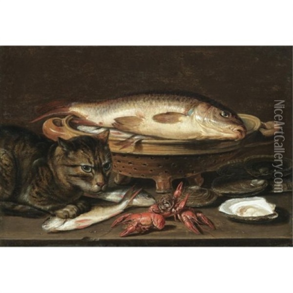 A Still Life With Fish In A Ceramic Colander, Oysters, Langoustines, Mackerel And A Cat On The Ledge Beneath Oil Painting - Clara Peeters