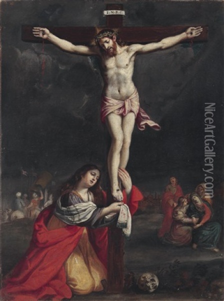 Christus Am Kreuz Mit Der Heiligen Magdalena, Im Hintergrund Maria Und Weitere Figuren Oil Painting - Lodovico Lana