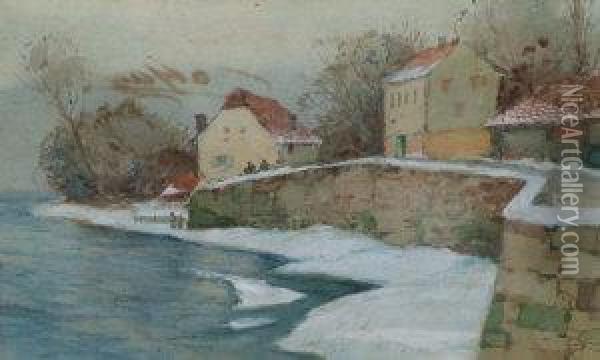 Hansen, Danish -- Winter River Landscape With Cottages Oil Painting - Hans Nicolaj Hansen