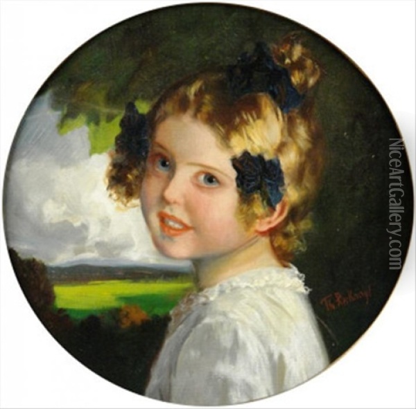 Portrat Eines Madchens Mit Blauen Schleifen Im Hochgesteckten Haar Oil Painting - Theodor Recknagel