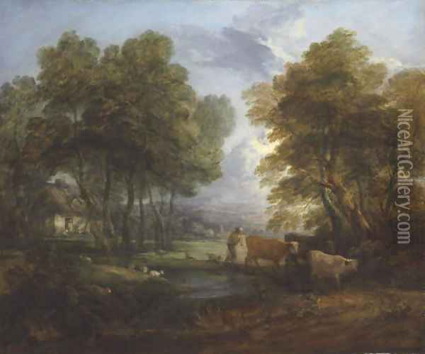 A wooded landscape with a herdsman, cows and sheep near a pool Oil Painting - Thomas Gainsborough