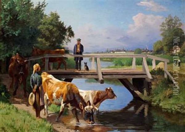A Meeting At The Bridge, A Girl Is Watering The Cows Oil Painting - Adolf Heinrich Mackeprang
