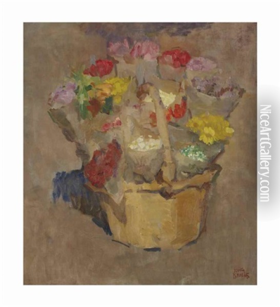 Spring Flowers In A Wicker Basket Oil Painting - Isaac Israels
