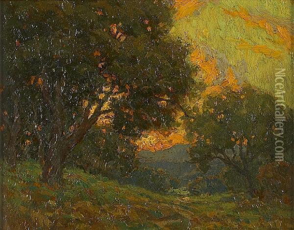 Sunset Beyond The Trees Oil Painting - Granville Redmond