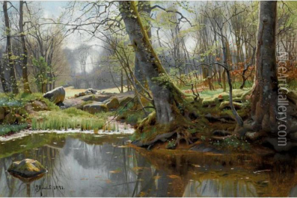 Forarsskov Med Nyudsprungne Bogetraeer (spring Forest) Oil Painting - Peder Mork Monsted