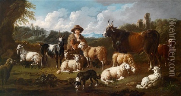 Ein Hirt Mit Seiner Herde An Einer Quelle Oil Painting - Jacob (Rosa di Napoli) Roos