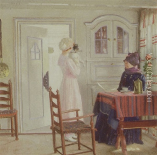 Interior Med To Kvinder Og Hund, Fano Oil Painting - Adolf Heinrich Claus Hansen